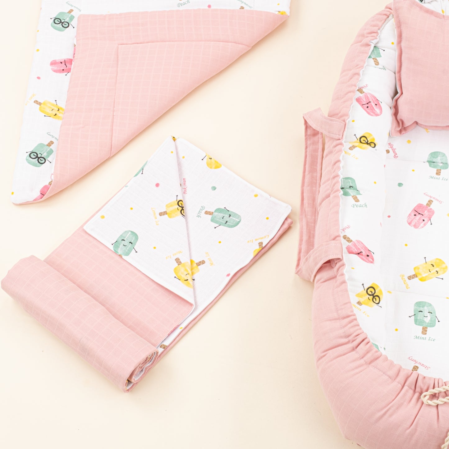 18 Parça Full Set - Çift Taraflı - Pudra Muslin - Dondurma
