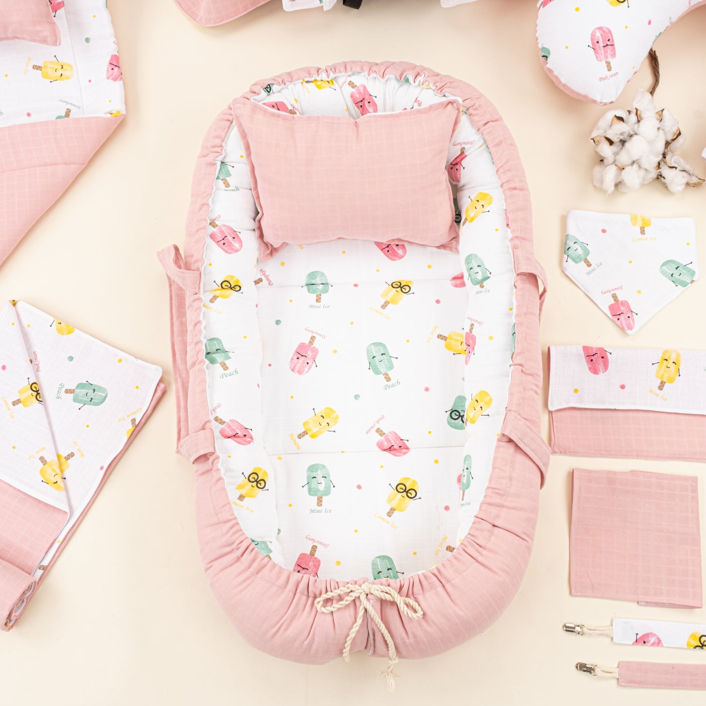 18 Parça Full Set - Çift Taraflı - Pudra Muslin - Dondurma