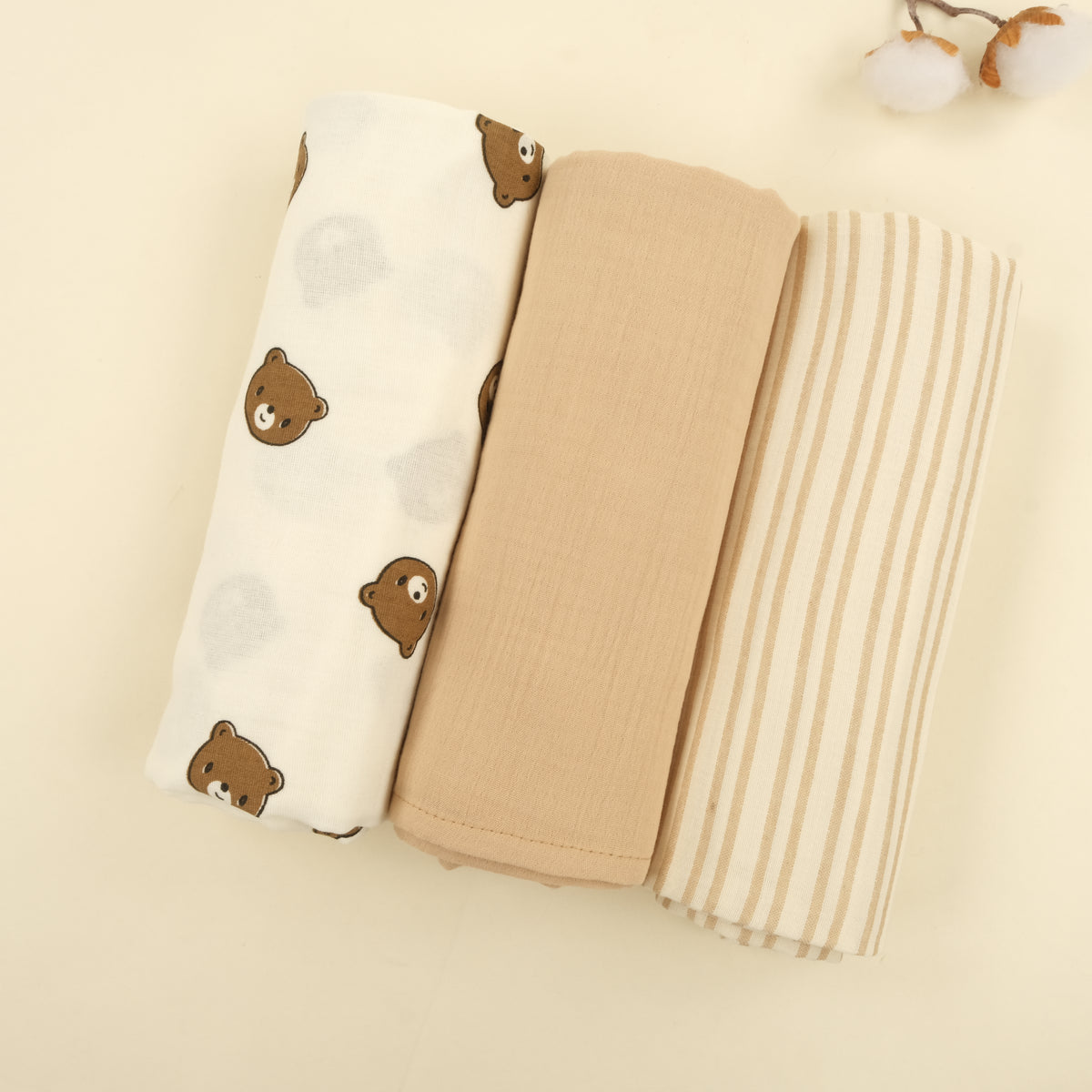 3'lü Set - İki Katlı Müslin Örtü - Bear - Kum Çizgili - Sütlü Kahve