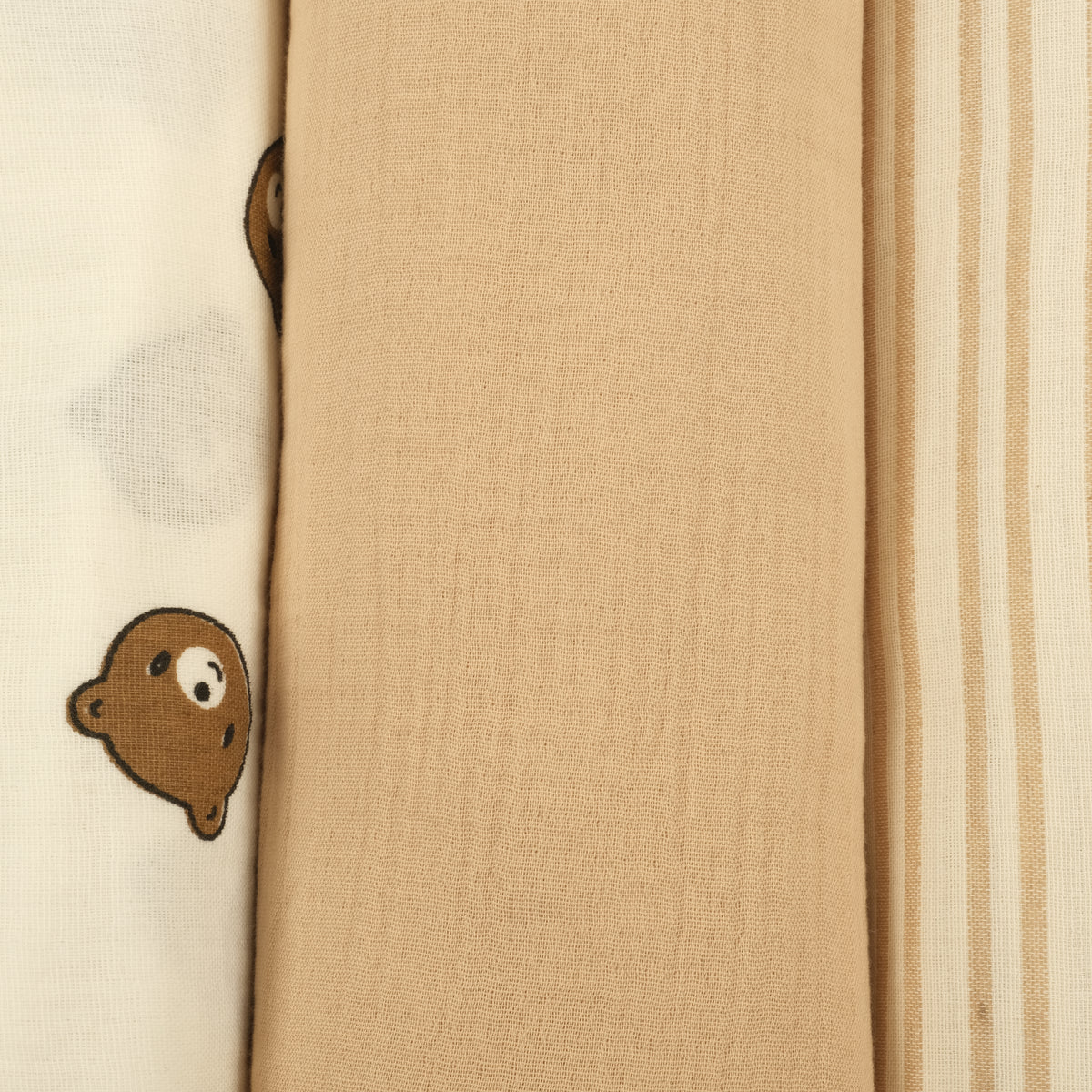 3'lü Set - İki Katlı Müslin Örtü - Bear - Kum Çizgili - Sütlü Kahve