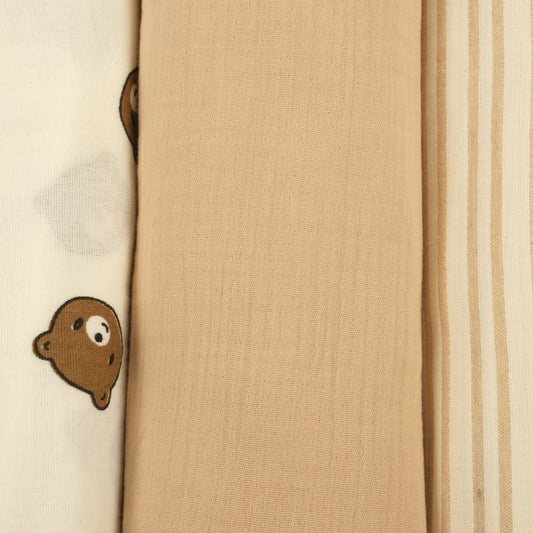 3'lü Set - İki Katlı Müslin Örtü - Bear - Kum Çizgili - Sütlü Kahve