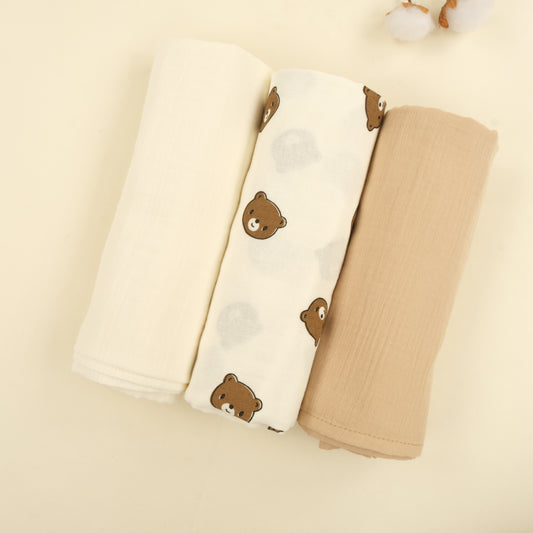 3'lü Set - İki Katlı Müslin Örtü - Krem - Bear - Sütlü Kahve