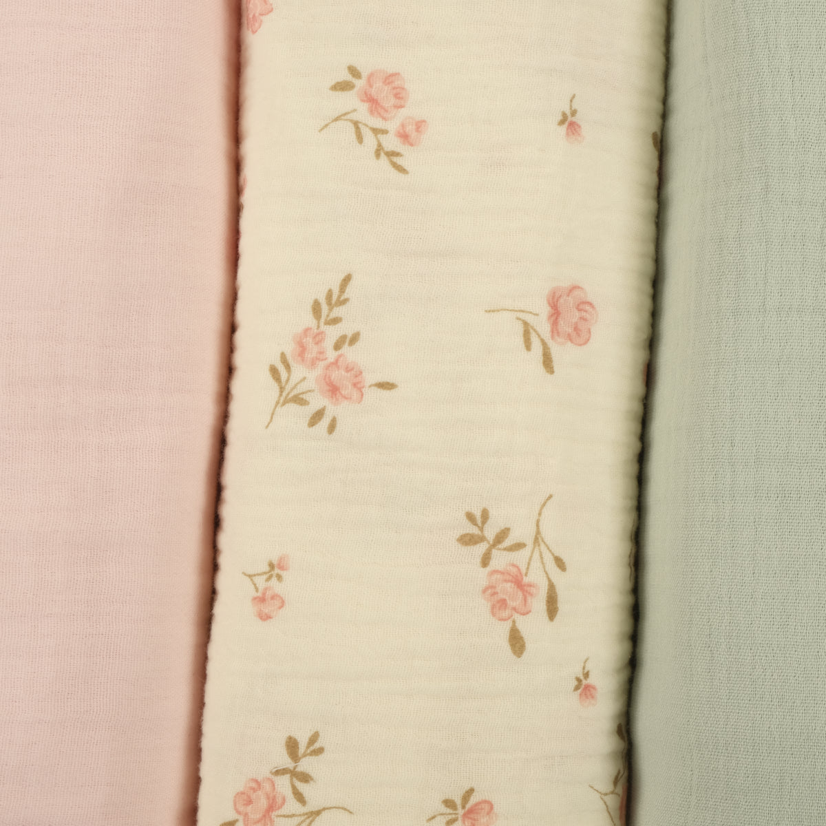 3'lü Set - İki Katlı Müslin Örtü - Bebe Pembe - Soft Çiçekler - Mint