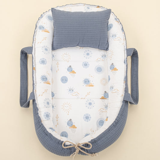 Babynest ve Yastık- Çift Taraflı - Açık İndigo Petek - Mavi Güneş