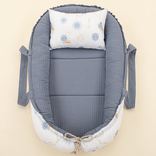 Babynest ve Yastık- Çift Taraflı - Açık İndigo Petek - Mavi Güneş