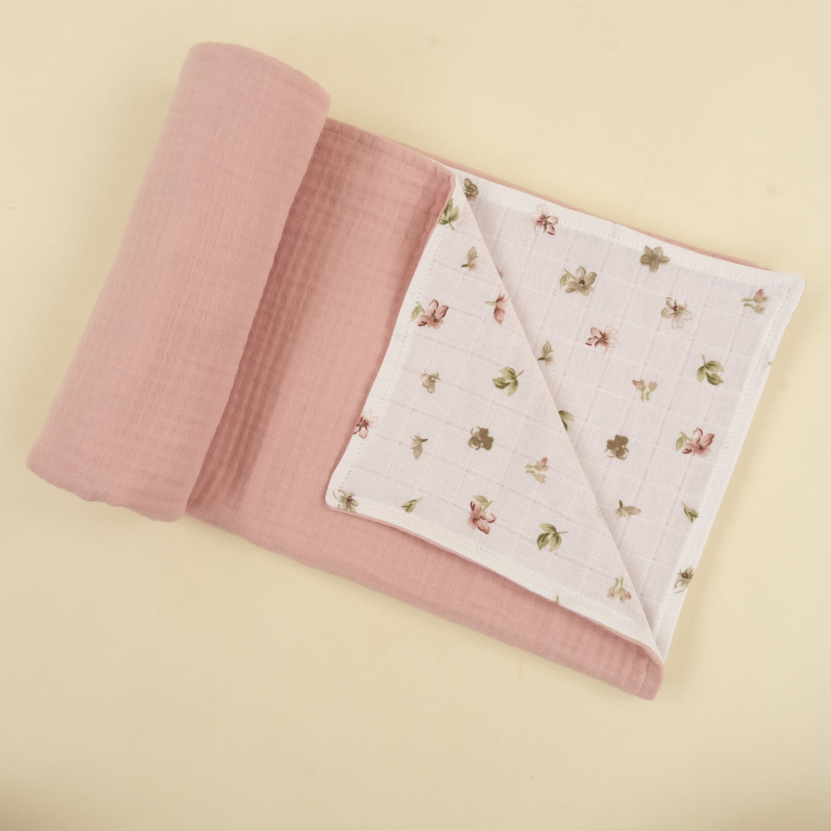 Çift Taraflı Muslin Örtü - Çiçekler - 4 Katlı Pudra Muslin