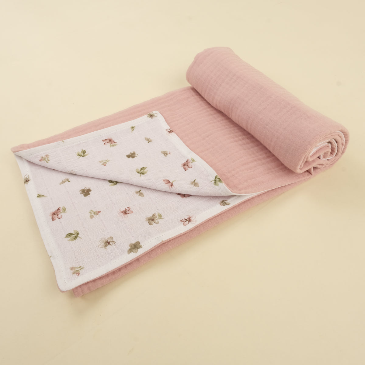 Çift Taraflı Muslin Örtü - Çiçekler - 4 Katlı Pudra Muslin