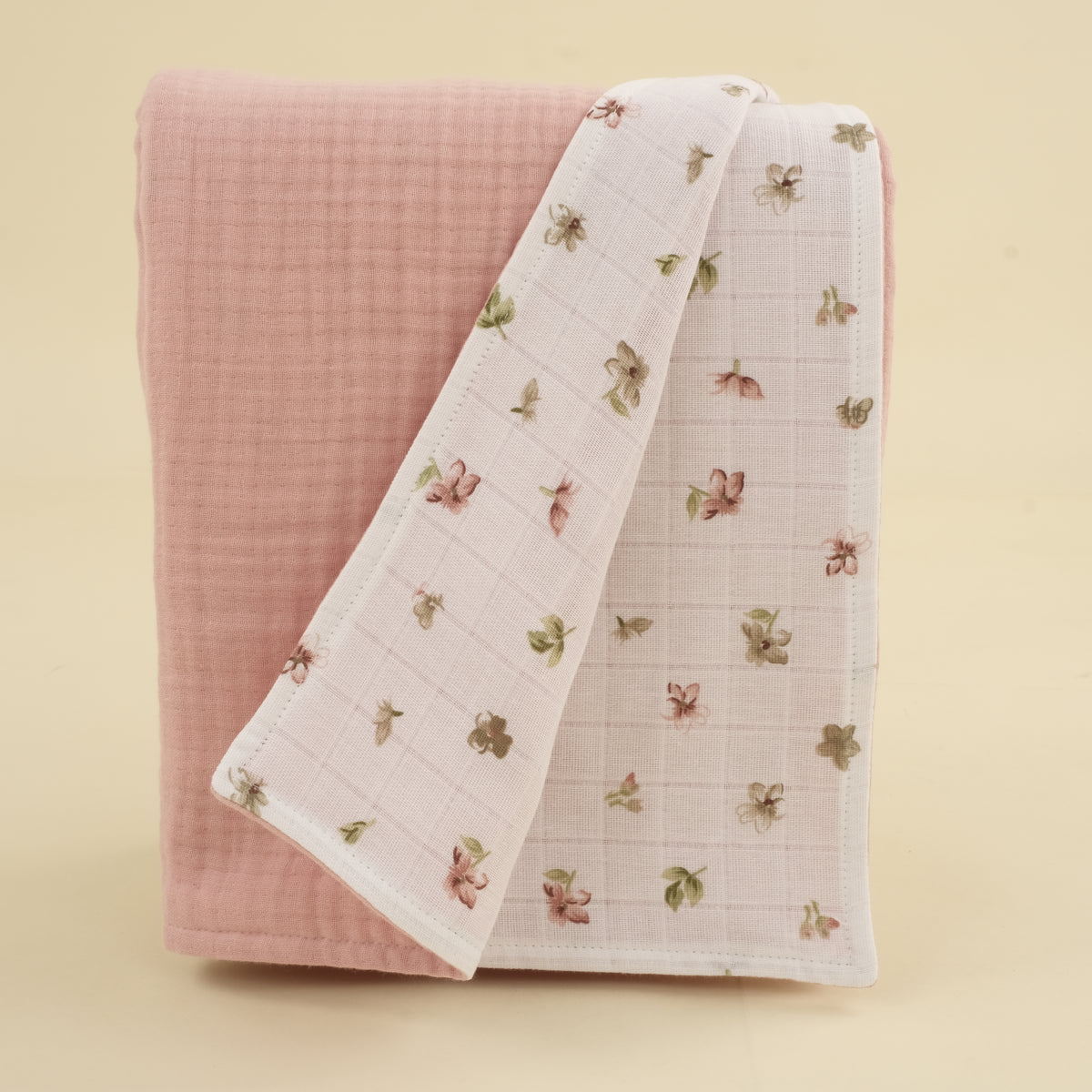 Çift Taraflı Muslin Örtü - Çiçekler - 4 Katlı Pudra Muslin