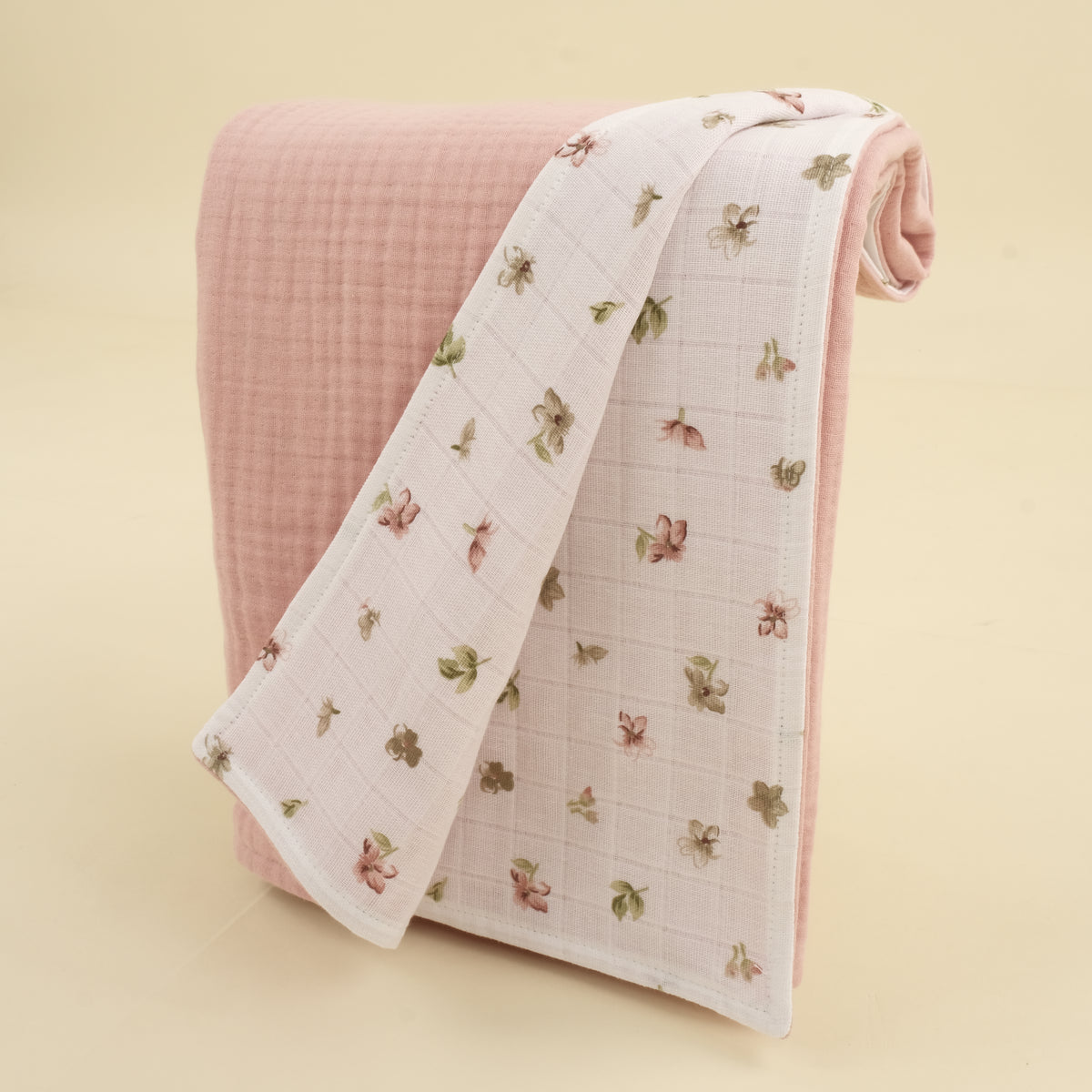 Çift Taraflı Muslin Örtü - Çiçekler - 4 Katlı Pudra Muslin