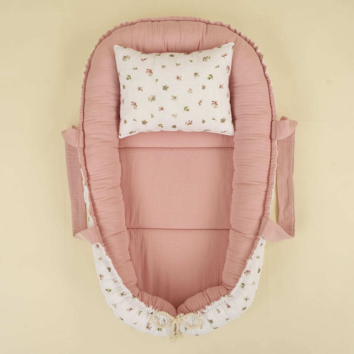 Babynest ve Yastık - Çift Taraflı - Çiçekler - 4 Katlı Pudra Muslin