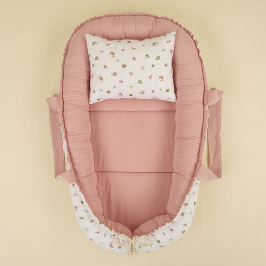 Babynest ve Yastık - Çift Taraflı - Çiçekler - 4 Katlı Pudra Muslin