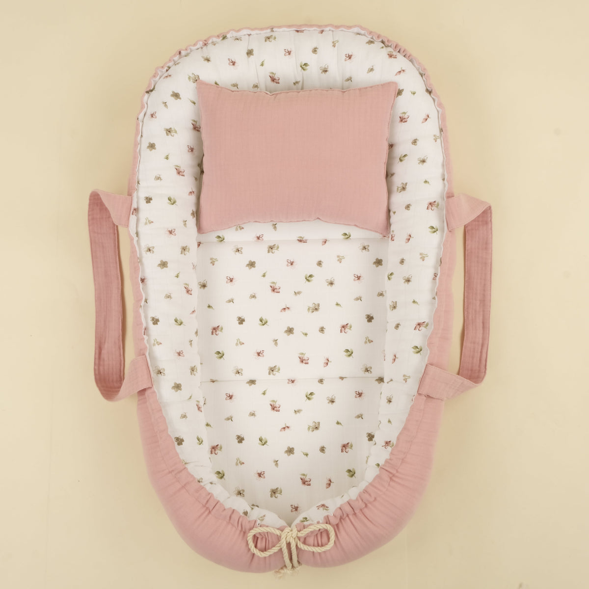 Babynest ve Yastık - Çift Taraflı - Çiçekler - 4 Katlı Pudra Muslin
