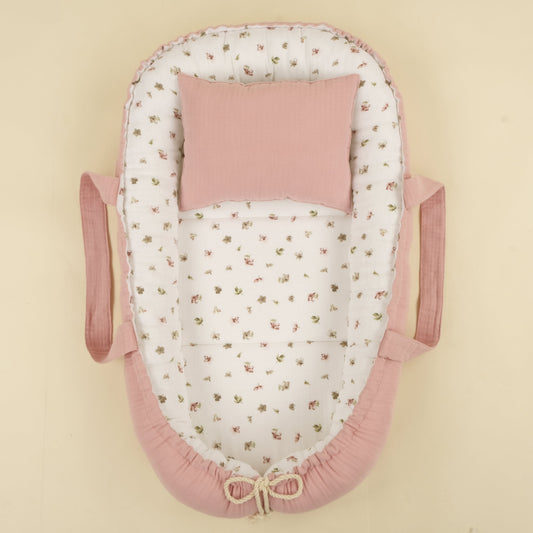 Babynest ve Yastık - Çift Taraflı - Çiçekler - 4 Katlı Pudra Muslin