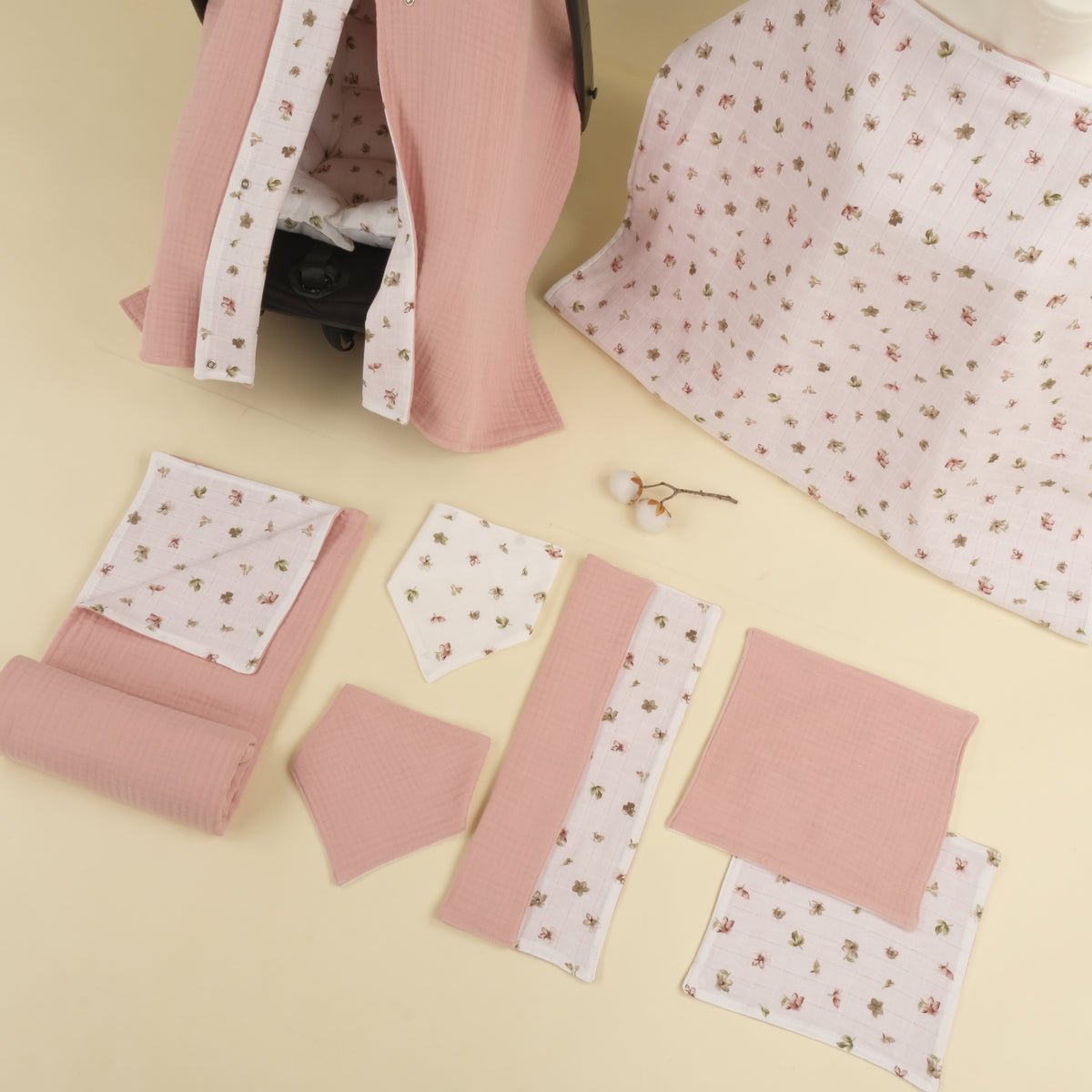 9 Parça Avantajlı Set - Çift Taraflı - Çiçekler - 4 Katlı Pudra Muslin