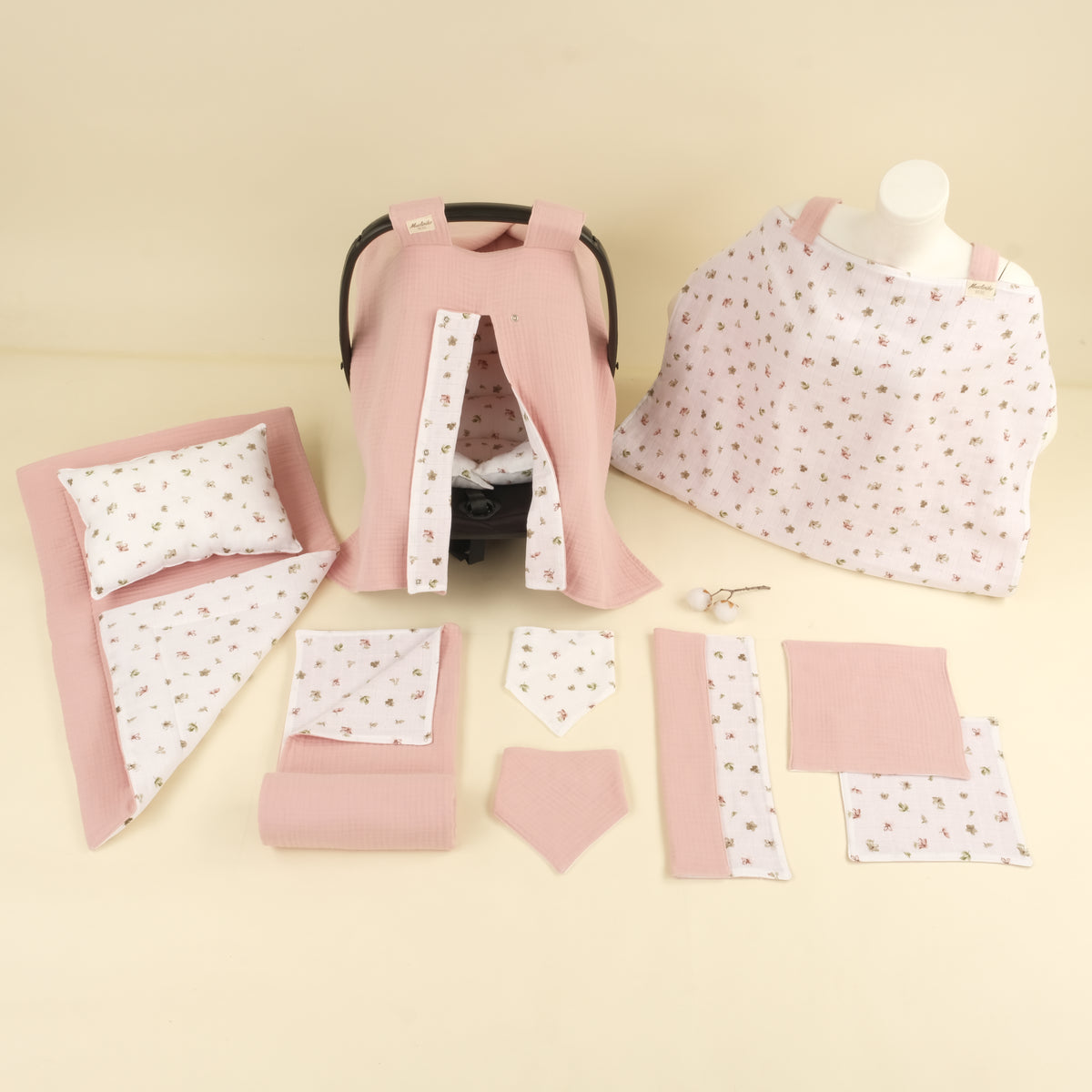 11 Parça Avantajlı Set - Çift Taraflı - Çiçekler - 4 Katlı Pudra Muslin