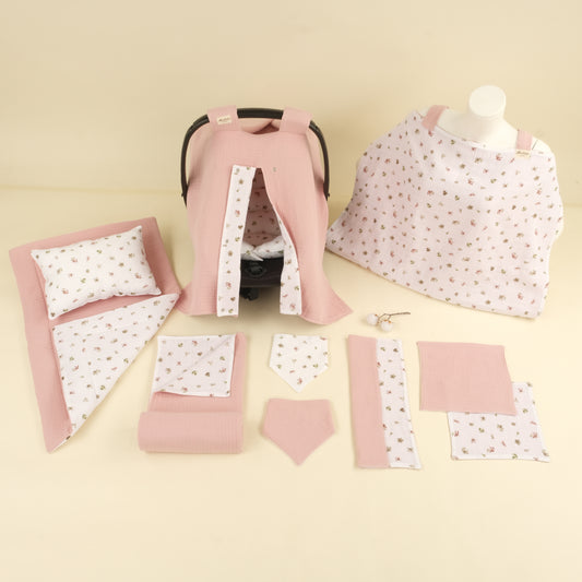 11 Parça Avantajlı Set - Çift Taraflı - Çiçekler - 4 Katlı Pudra Muslin