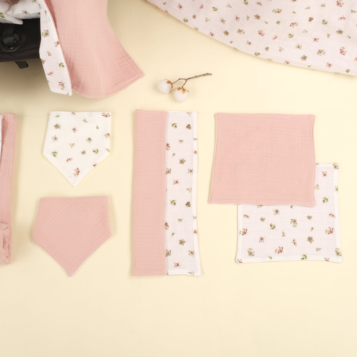 11 Parça Avantajlı Set - Çift Taraflı - Çiçekler - 4 Katlı Pudra Muslin