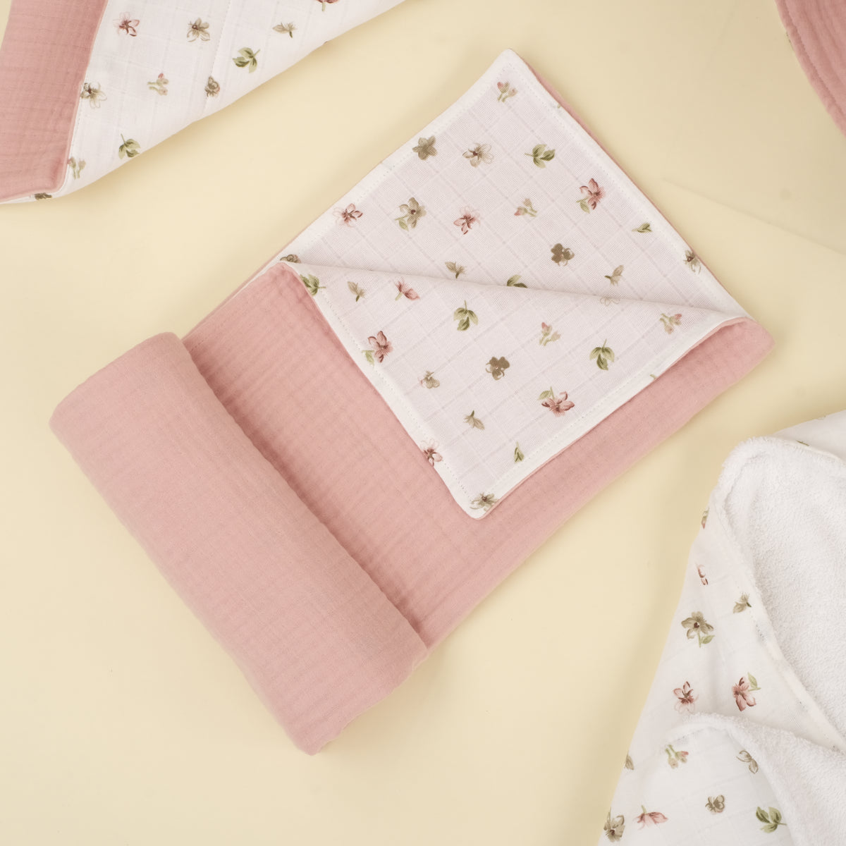14 Parça Avantajlı Set - Çift Taraflı - Çiçekler - 4 Katlı Pudra Muslin