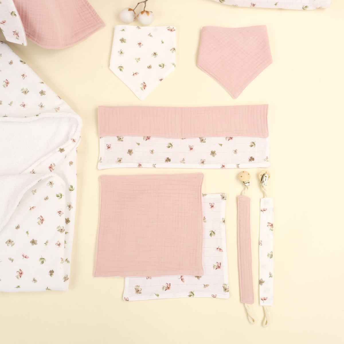 14 Parça Avantajlı Set - Çift Taraflı - Çiçekler - 4 Katlı Pudra Muslin