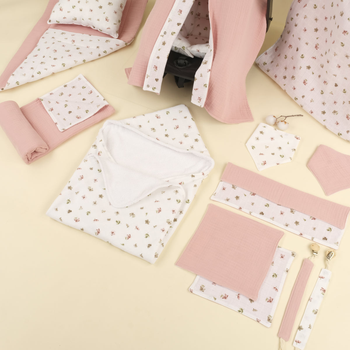 14 Parça Avantajlı Set - Çift Taraflı - Çiçekler - 4 Katlı Pudra Muslin