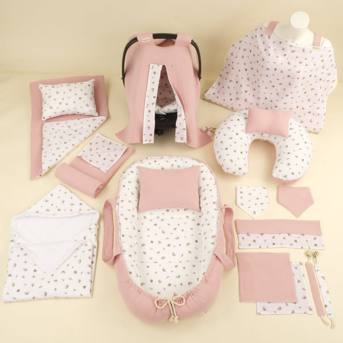 18 Parça Full Set - Çift Taraflı - Çiçekler - 4 Katlı Pudra Muslin