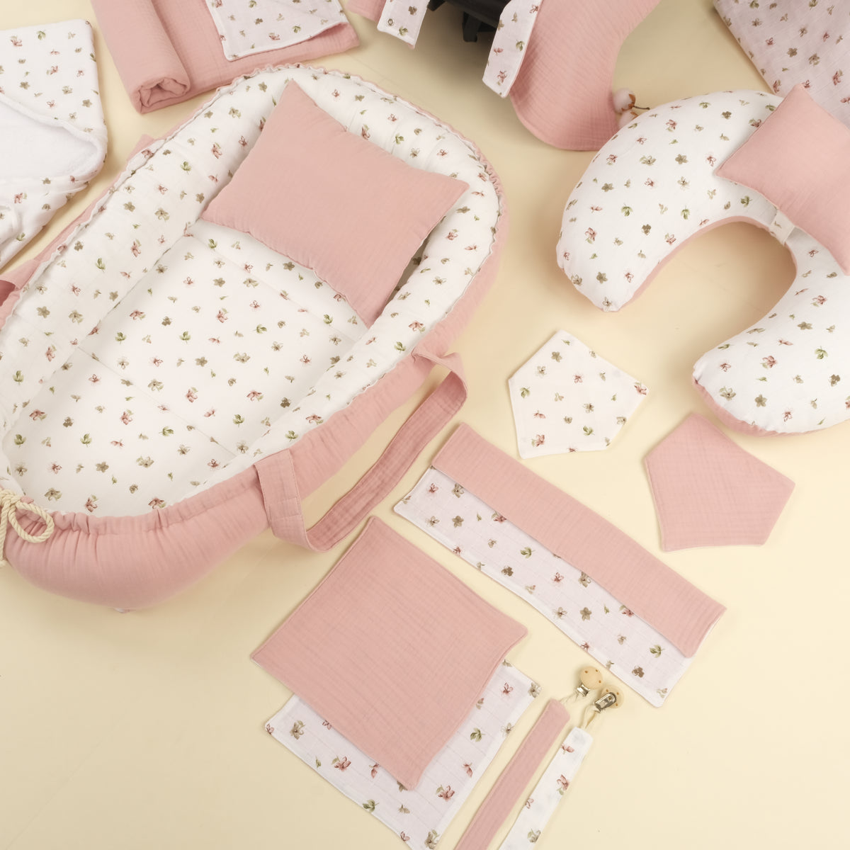 18 Parça Full Set - Çift Taraflı - Çiçekler - 4 Katlı Pudra Muslin