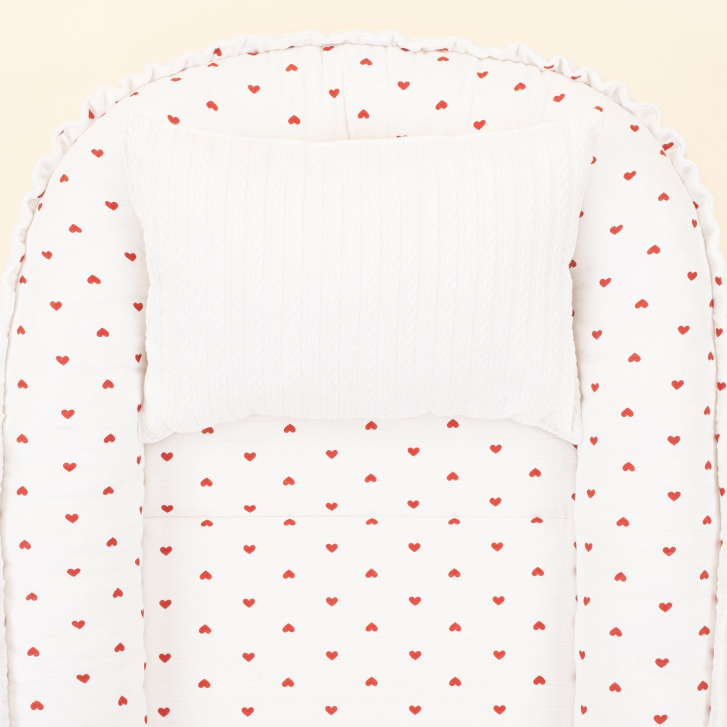 Babynest ve Yastık - Çift Taraflı - Beyaz Örgü - Kırmızı Kalp