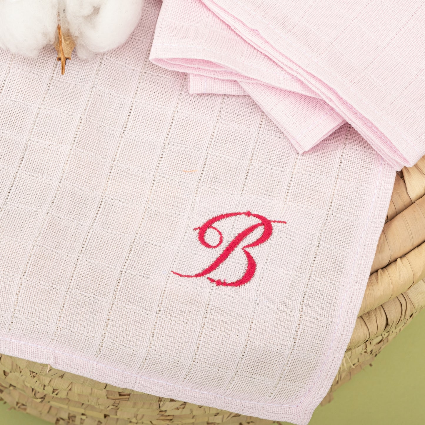 5'li B Harf Nakışlı Mendil Set - Bebe Pembe Muslin
