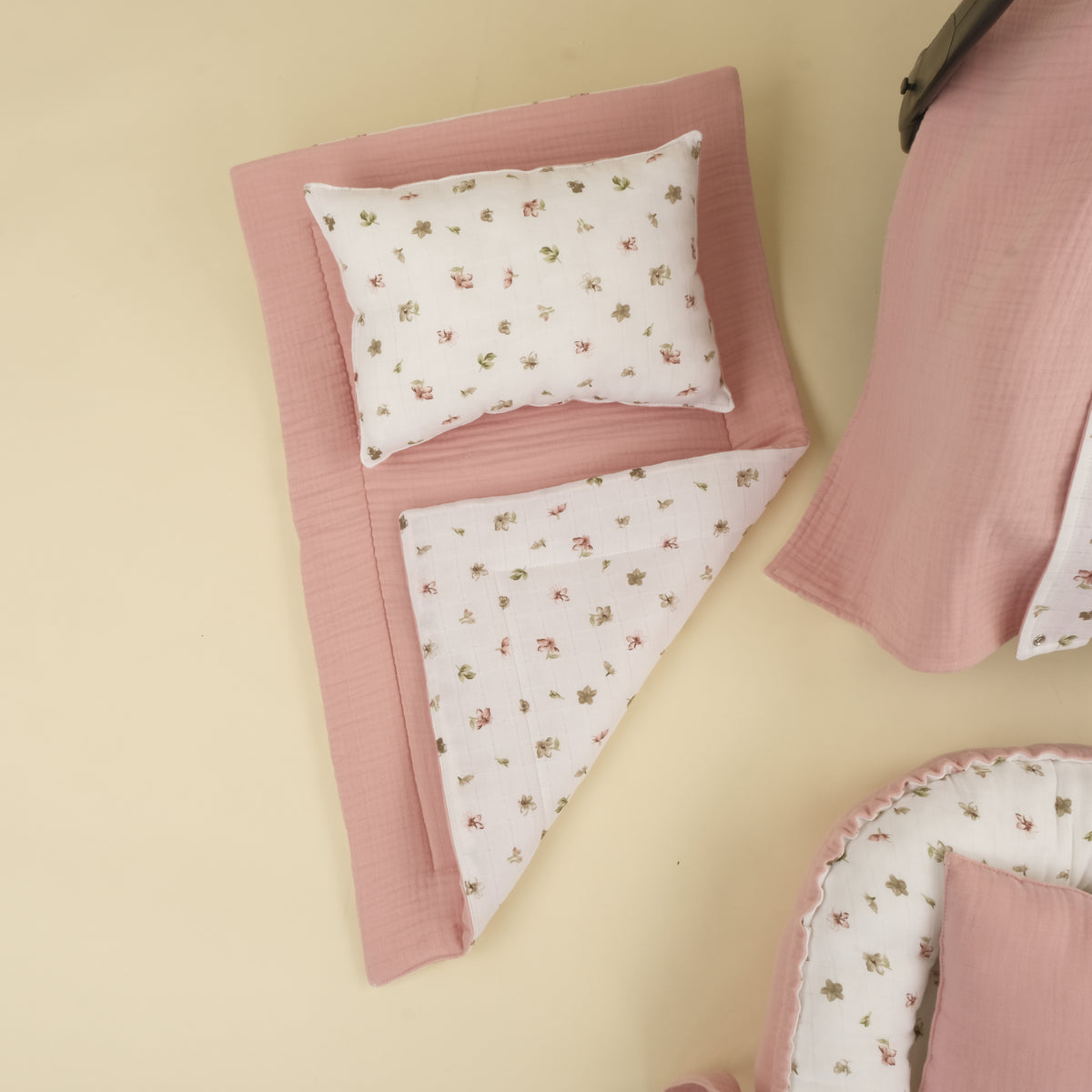9 Parça Çift Taraflı Muslin Setler - Çiçekler - 4 Katlı Pudra Muslin