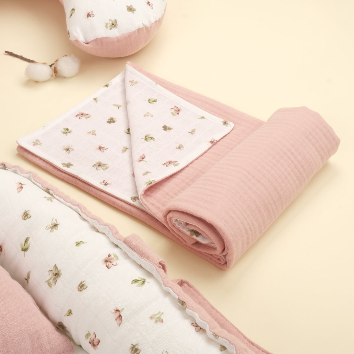 9 Parça Çift Taraflı Muslin Setler - Çiçekler - 4 Katlı Pudra Muslin