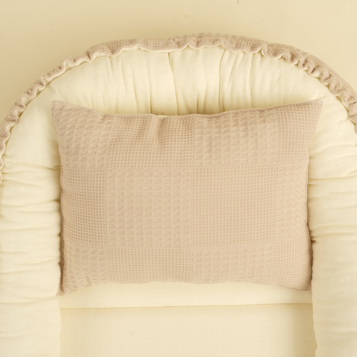 Babynest ve Yastık - Çift Taraflı - Bej Waffle - Krem Muslin