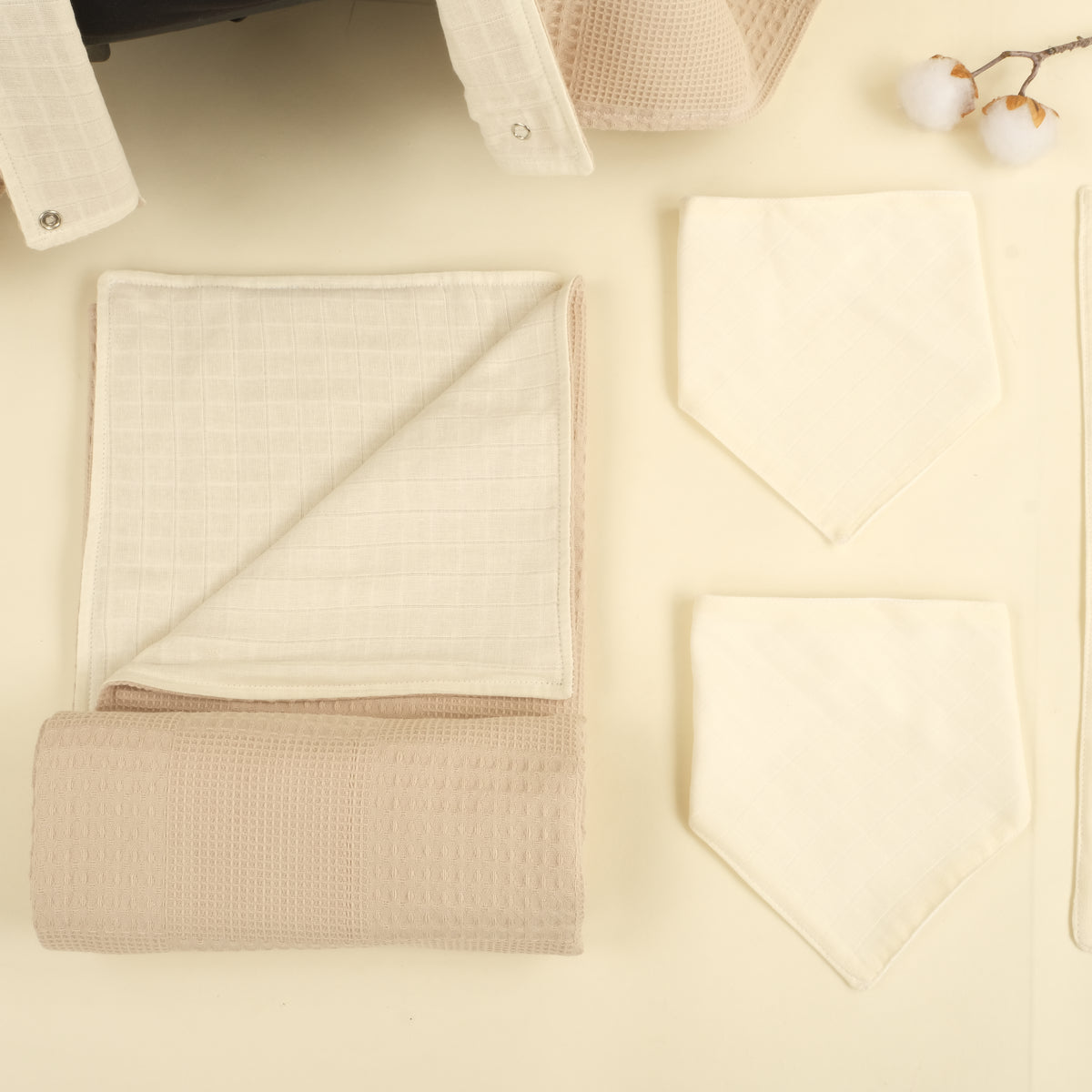 9 Parça Avantajlı Set - Çift Taraflı - Bej Waffle - Krem Muslin
