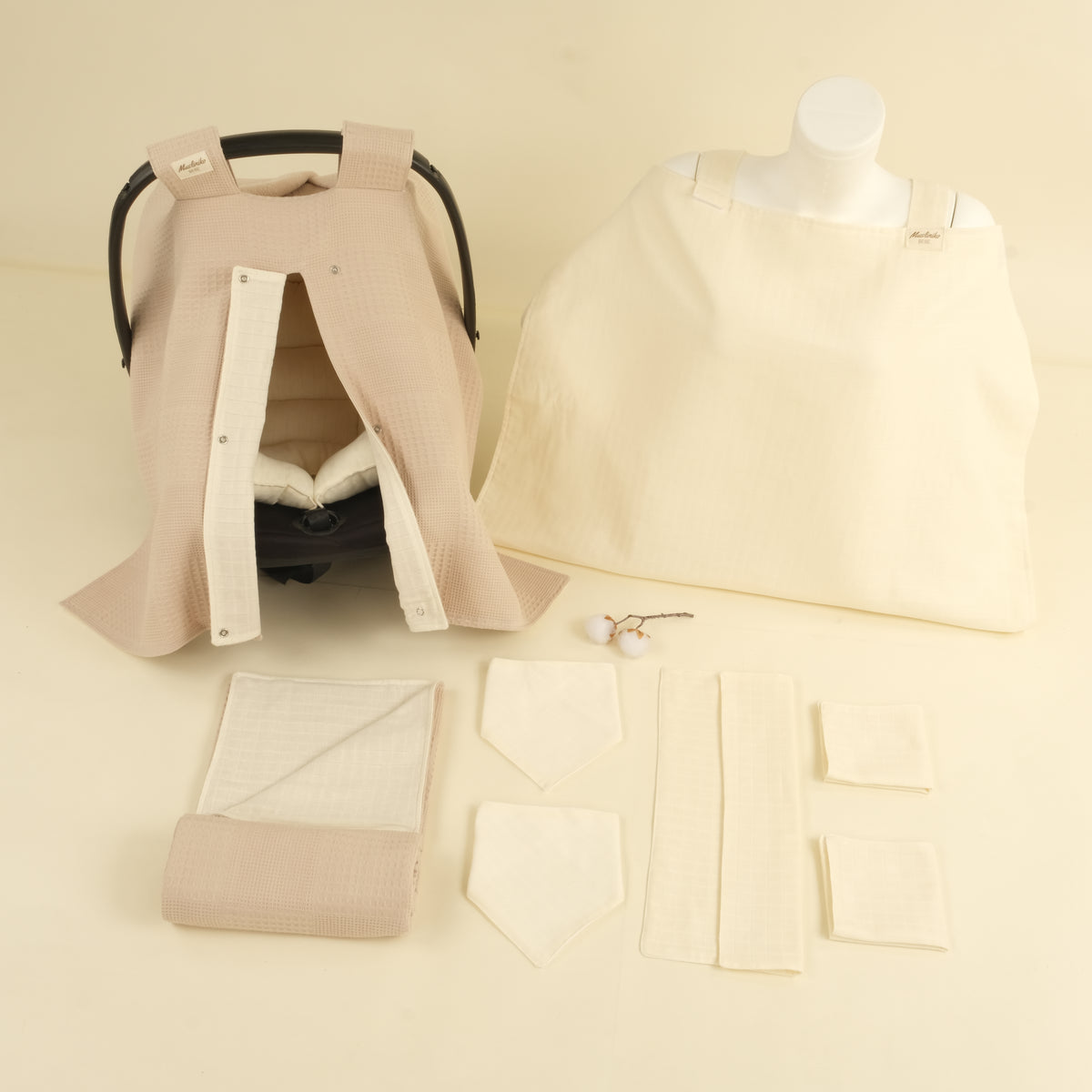 9 Parça Avantajlı Set - Çift Taraflı - Bej Waffle - Krem Muslin