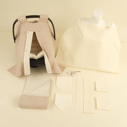 9 Parça Avantajlı Set - Çift Taraflı - Bej Waffle - Krem Muslin