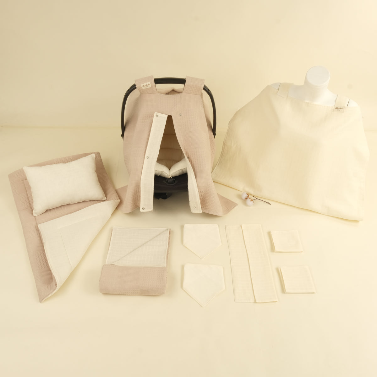 11 Parça Avantajlı Set - Çift Taraflı - Bej Waffle - Krem Muslin
