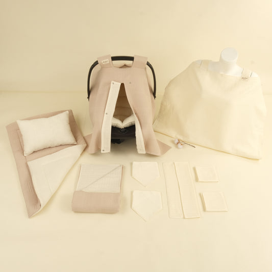 11 Parça Avantajlı Set - Çift Taraflı - Bej Waffle - Krem Muslin