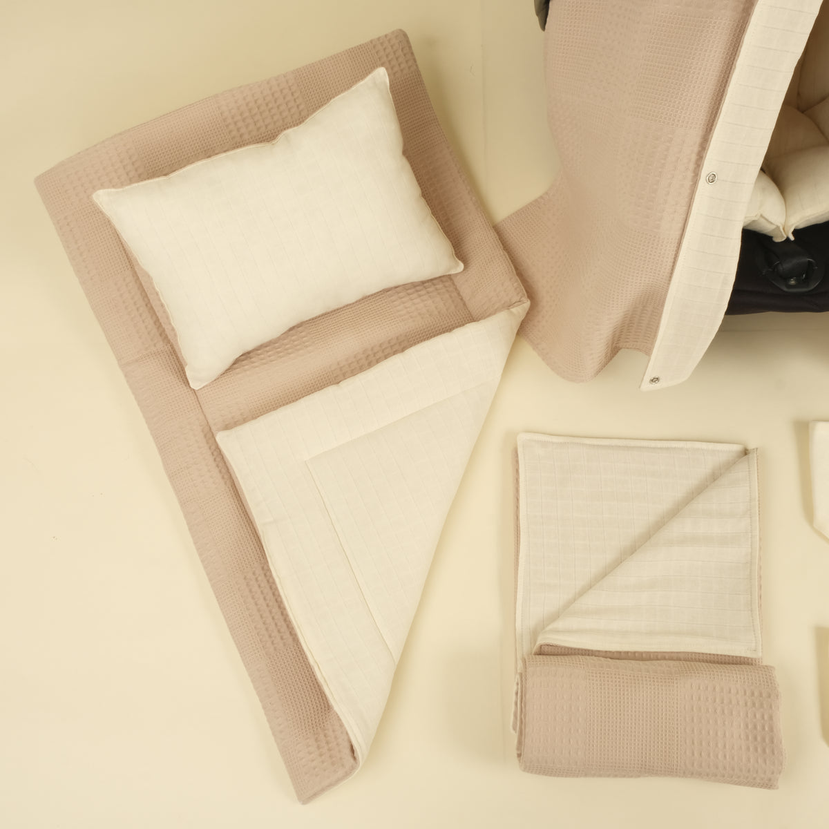 11 Parça Avantajlı Set - Çift Taraflı - Bej Waffle - Krem Muslin