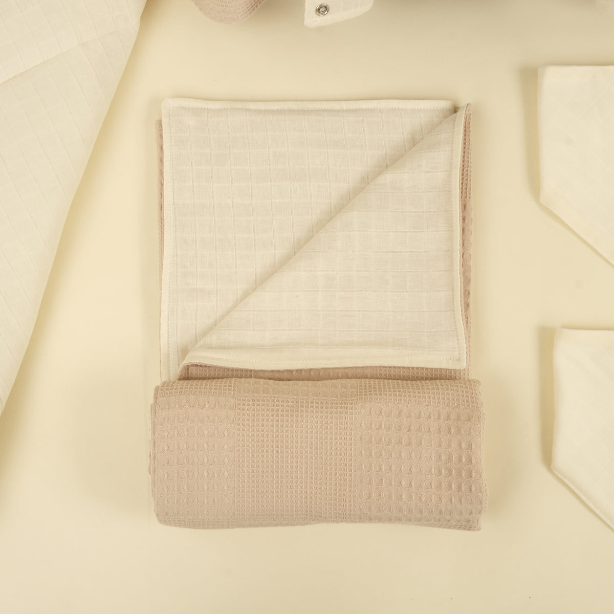 11 Parça Avantajlı Set - Çift Taraflı - Bej Waffle - Krem Muslin