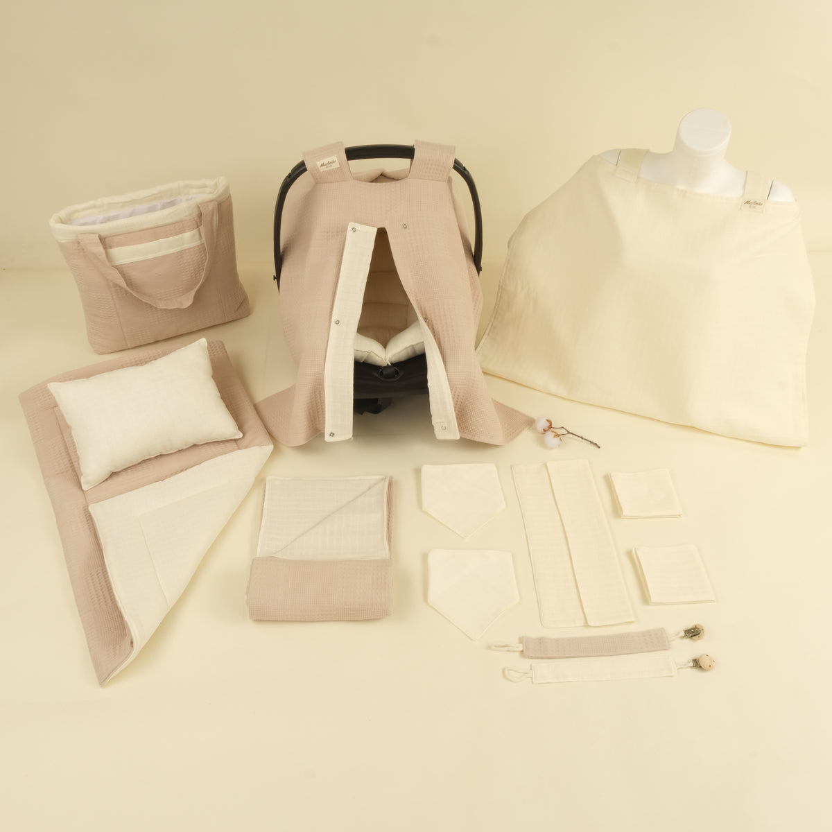 14 Parça Avantajlı Set - Çift Taraflı - Bej Waffle - Krem Muslin