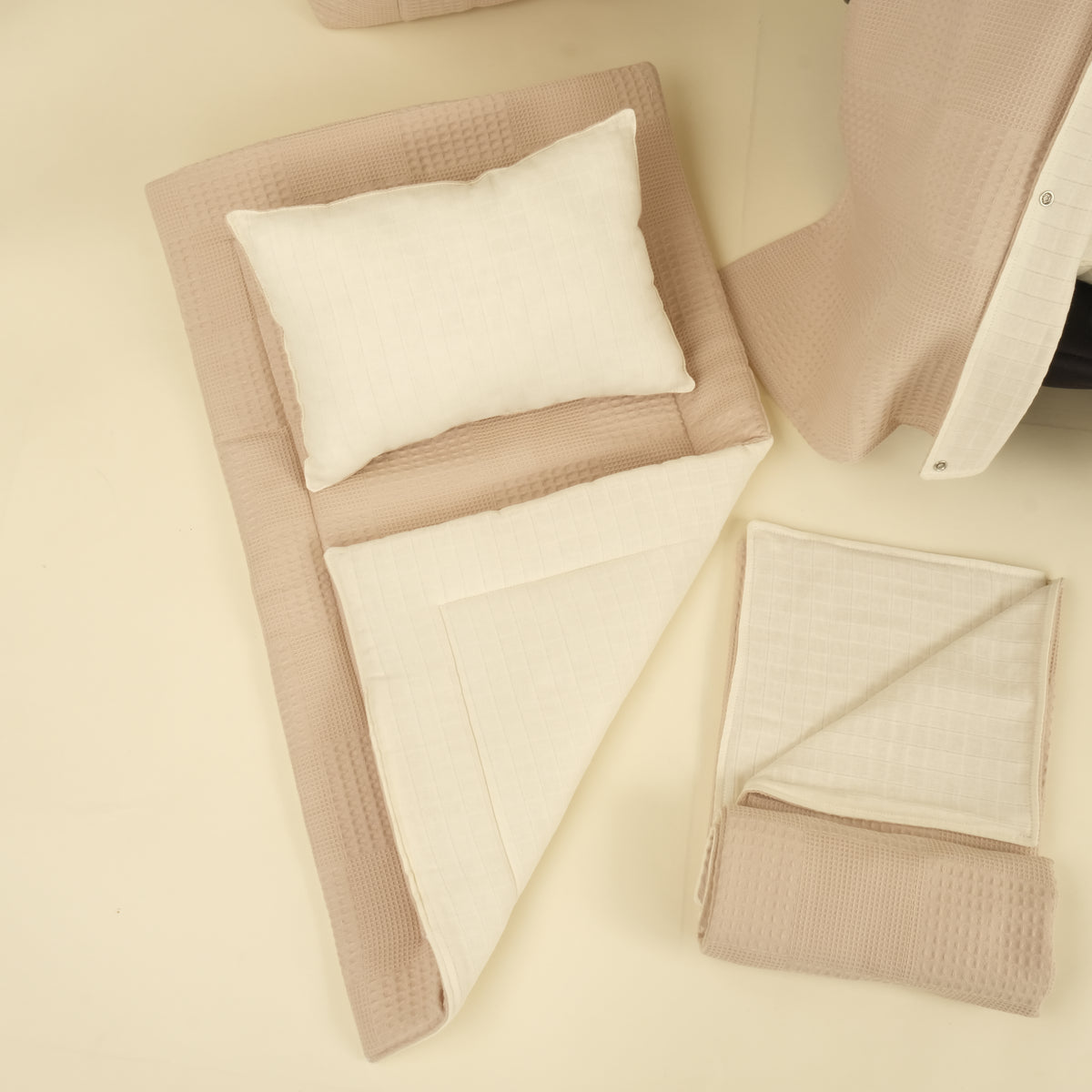 14 Parça Avantajlı Set - Çift Taraflı - Bej Waffle - Krem Muslin