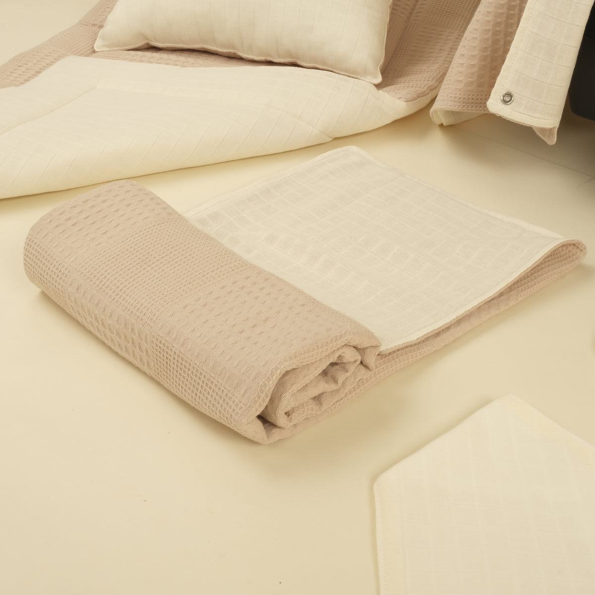 14 Parça Avantajlı Set - Çift Taraflı - Bej Waffle - Krem Muslin