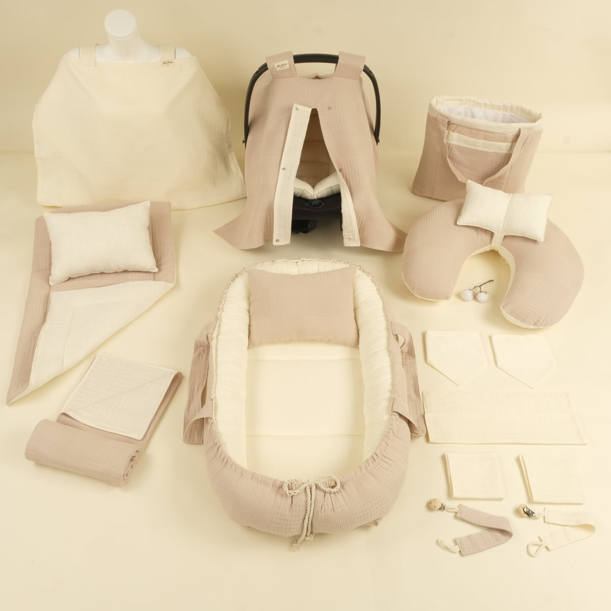 18 Parça Full Set - Çift Taraflı - Bej Waffle - Krem Muslin