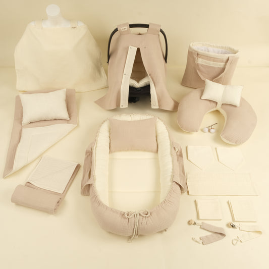 18 Parça Full Set - Çift Taraflı - Bej Waffle - Krem Muslin