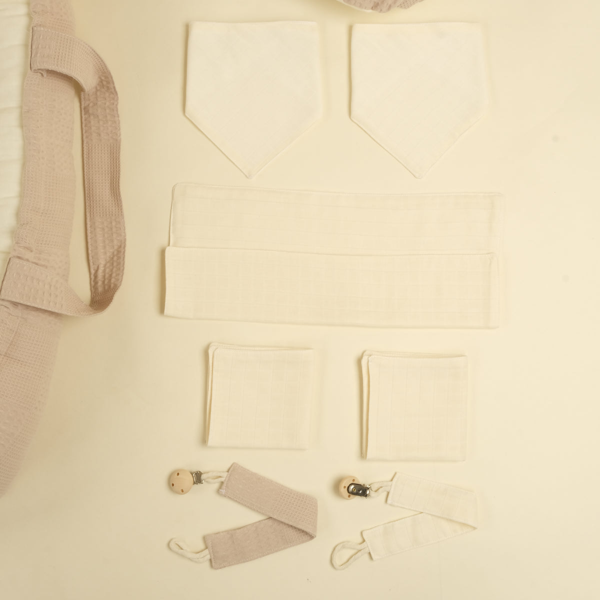 18 Parça Full Set - Çift Taraflı - Bej Waffle - Krem Muslin