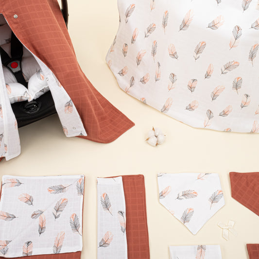 9 Parça Avantajlı Set - Çift Taraflı - Koyu Kiremit Muslin - Turuncu Tüy