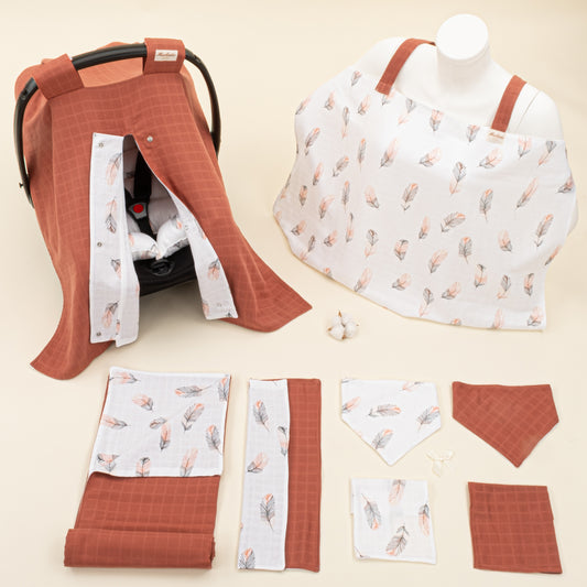 9 Parça Avantajlı Set - Çift Taraflı - Koyu Kiremit Muslin - Turuncu Tüy