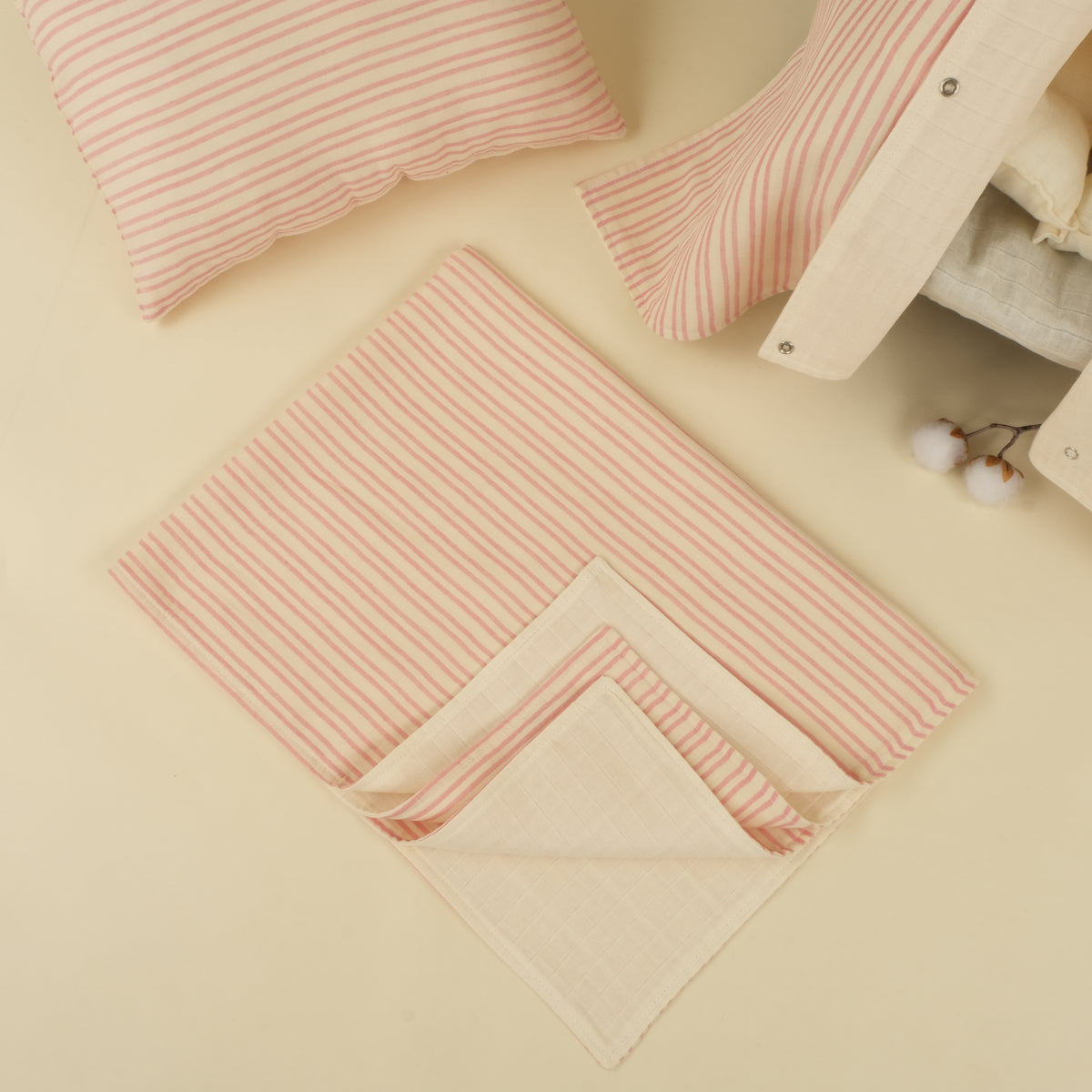 5 Parça İki Katlı Avantajlı Set - Pembe Çizgili - Krem Muslin