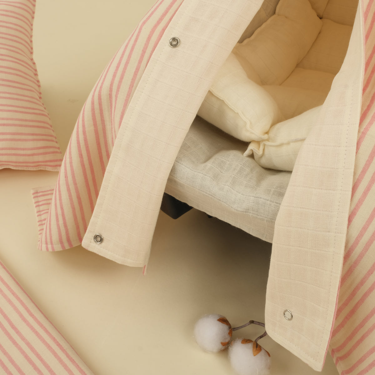 5 Parça İki Katlı Avantajlı Set - Pembe Çizgili - Krem Muslin