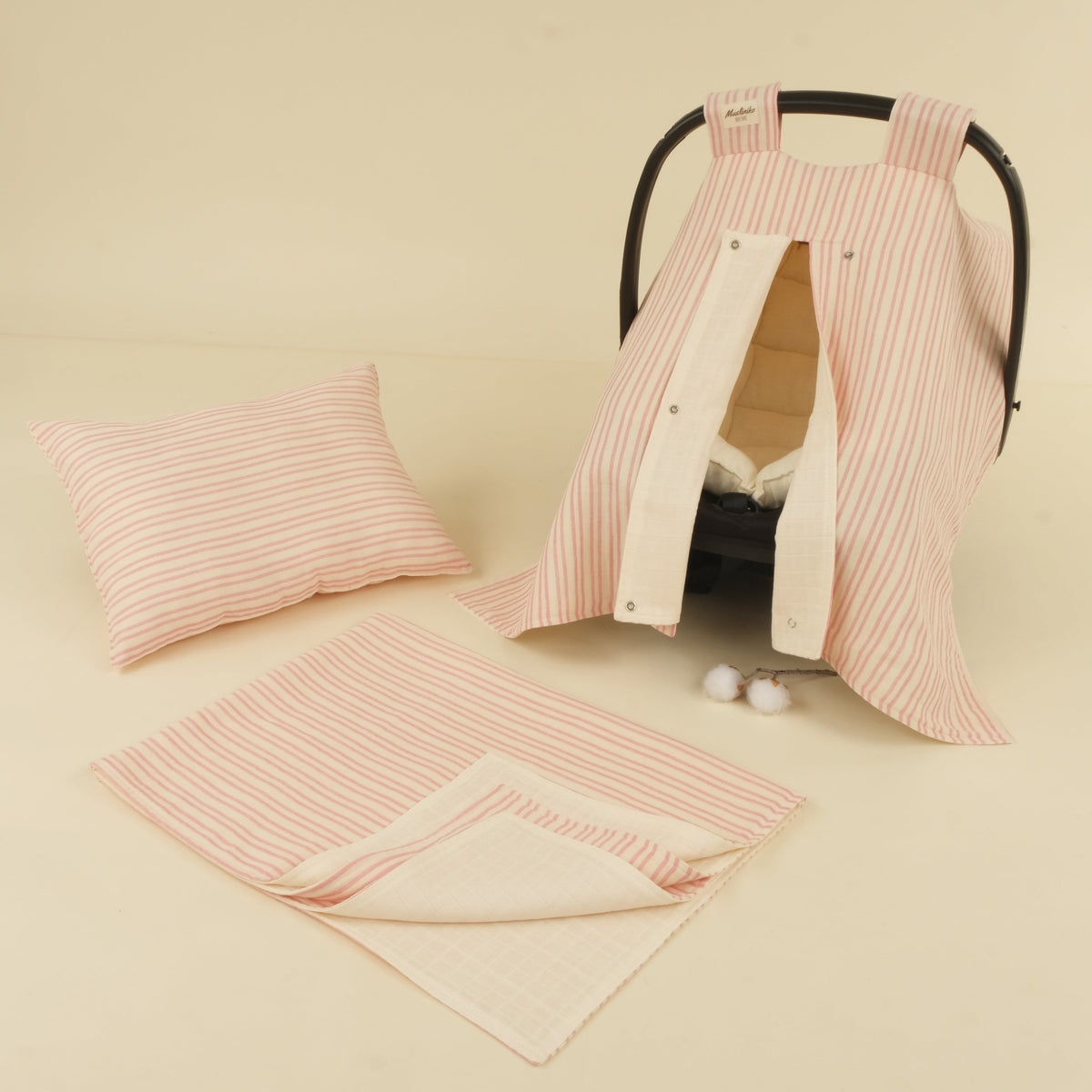 4 Parça İki Katlı Avantajlı Set - Pembe Çizgili - Krem Muslin
