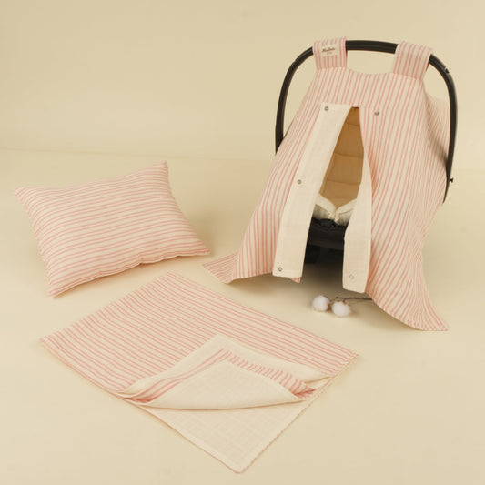 4 Parça İki Katlı Avantajlı Set - Pembe Çizgili - Krem Muslin